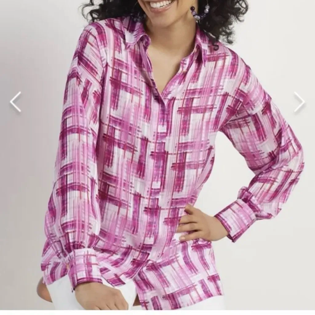 Soft Surroundings Magenta Pink Metallic Button Front Porta Top‎ LARGE - Image 2