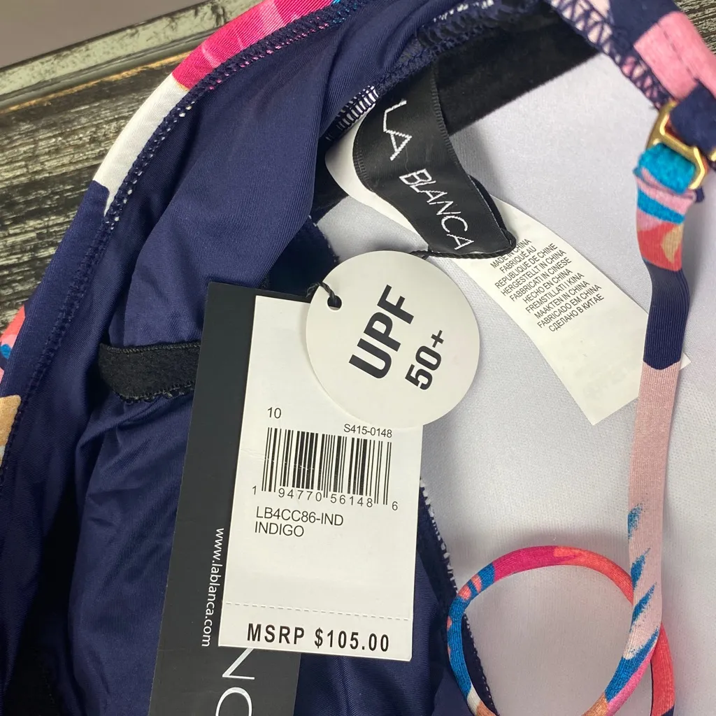 La Blanca Blue Floral Print UPF 50 Tankin Contour Ruched Swim Top NEW 10 - Image 4