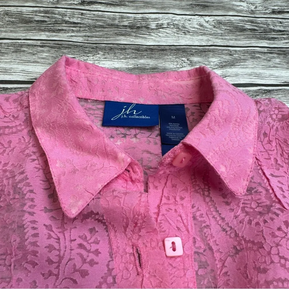 j.h. collectibles Women's Sheer Paisley Lace Button Up Blouse M Med Medium Pink - Image 3