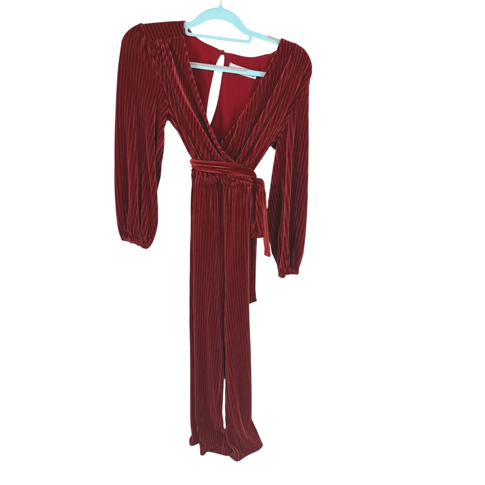 ALI & Jay Samantha Burgundy Velvet Plunge Surplice Neck Wide Leg Jumpsuit XS - Image 3