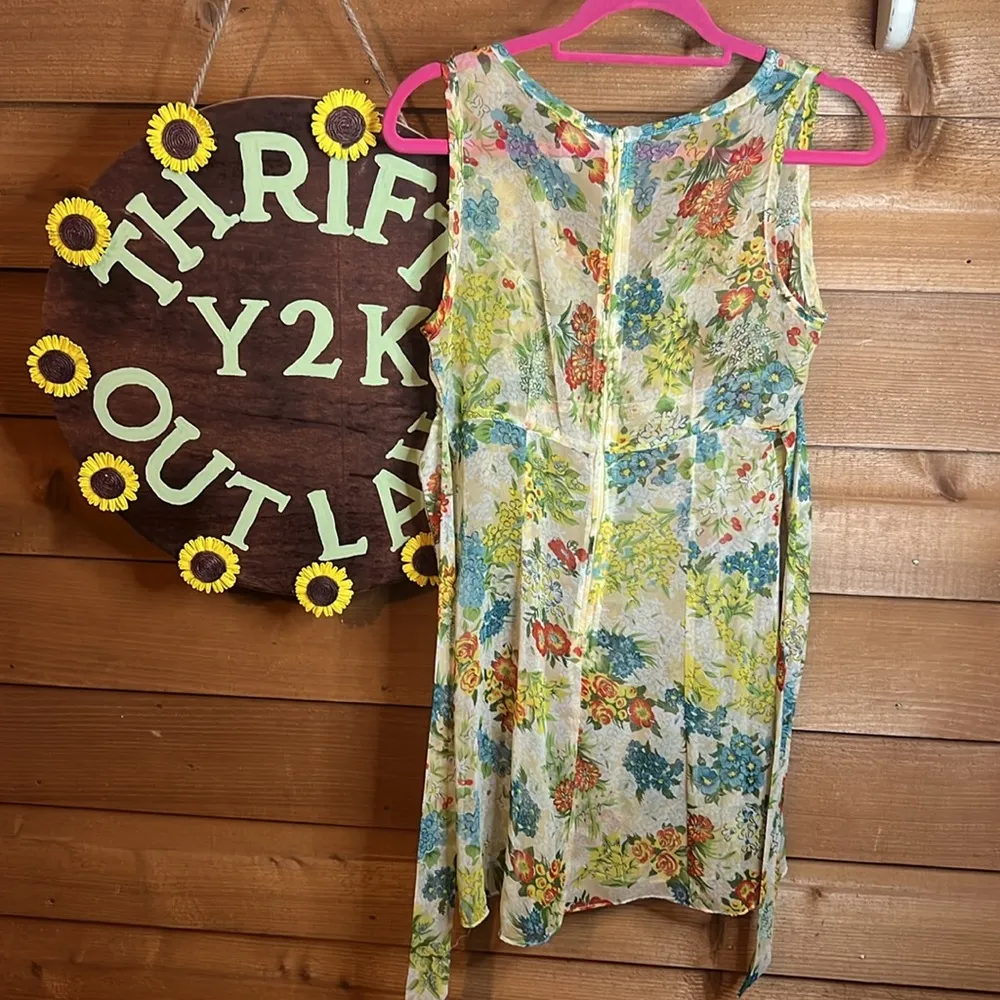 Vintage Floral Chiffon Babydoll Tie Zip Midi Dress Lightweight 70s 80s 90s Rose Yellow Size M - Image 4