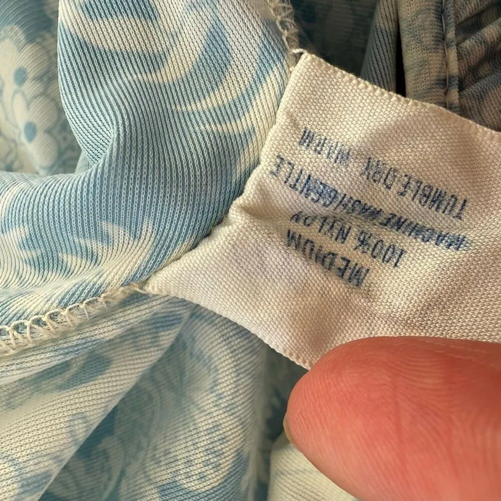 Vintage 70s Mistee Blue White Print Nylon Nightgown Maxi Dress USA M Size M - Image 12