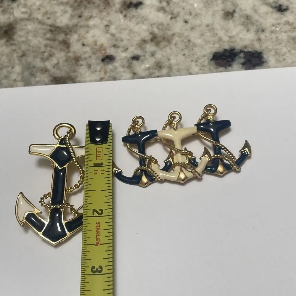 Lot Of 2 Brooch Pins Gold Tone Blue & Cream Enamel Nautical Boat / Ship Anchors - Image 8