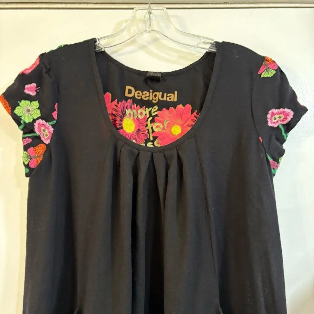 Desigual Flower Day Embroidered Tunic Top Long Line Butterfly Black Y2K - Image 3