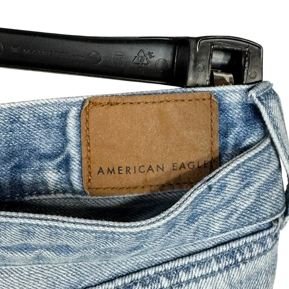 American Eagle SZ 8 Wide Leg Jeans Chewed Hems Belted Seamed Hi-Rise Light Wash - Image 7