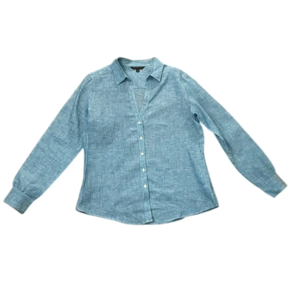 Brooks Brothers 346 Blue Linen Button Up Blouse Womens Size 14 Preppy - Image 3