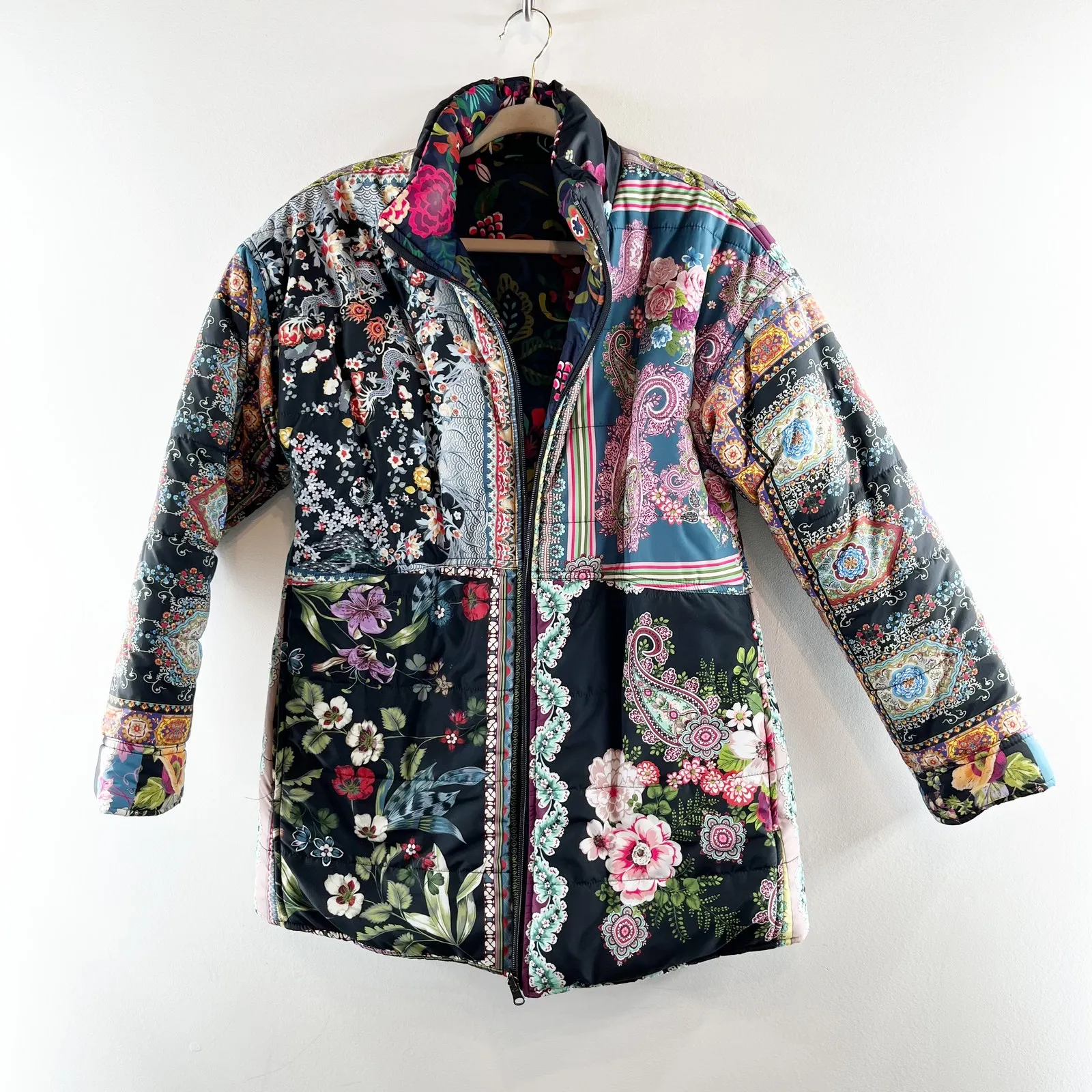 Johnny Was Reversible Puffer Coat Jacket Black Pink Printed XS - Image 3