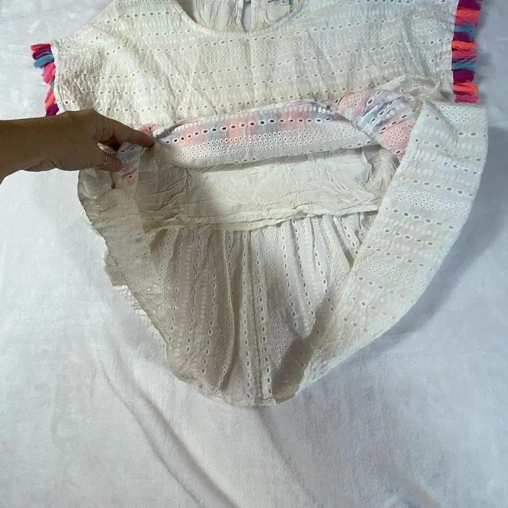 Andree White Babydoll Top Large Eyelet Boho Summer Beach Boutique Tassels Ruffle - Image 3