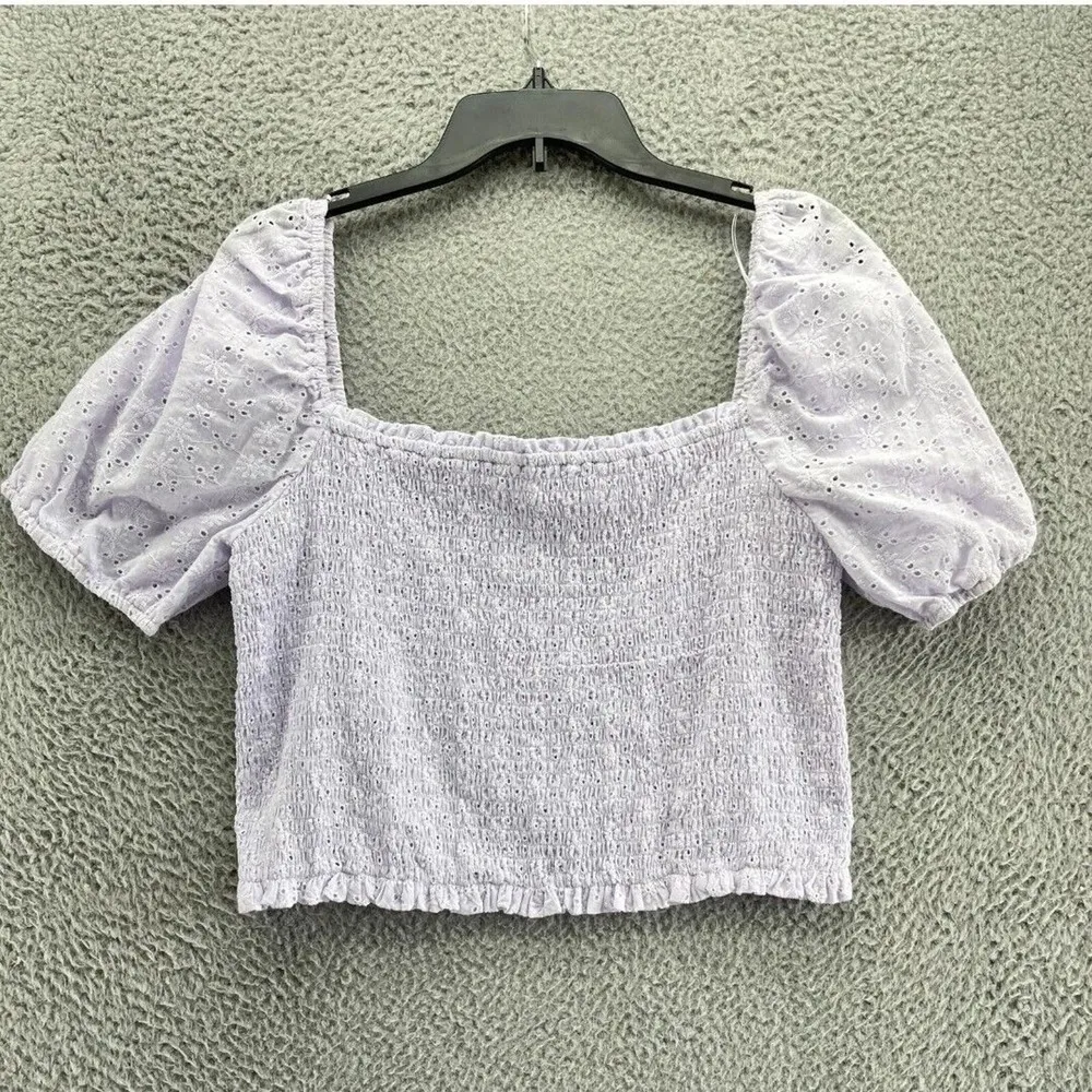 Sophie Rue Top Womens L Purple Short Sleeve Crop Top Floral Smocked NWT B30.1 - Image 7