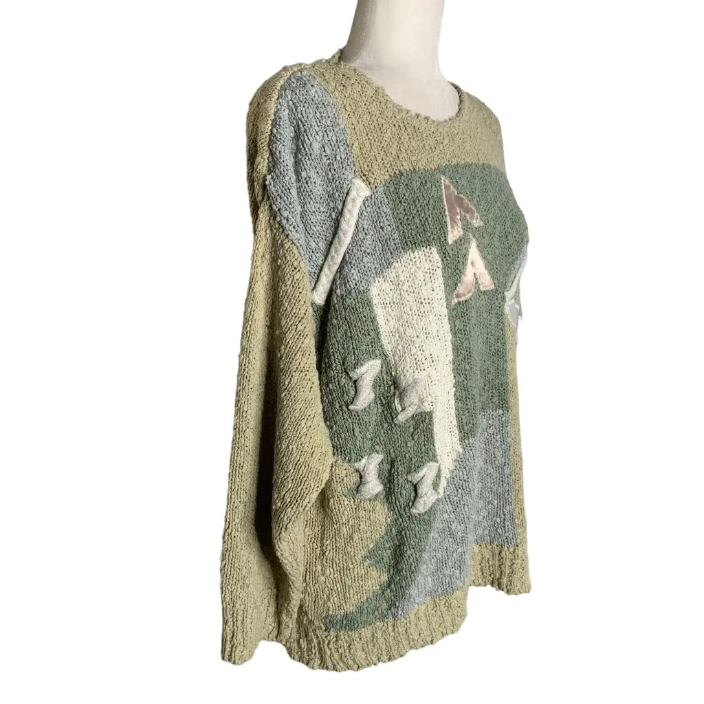 Vintage 90s Boucle Pullover Sweater M Beige Loose Knit Round Neck Long Sleeves Tan Size M - Image 5