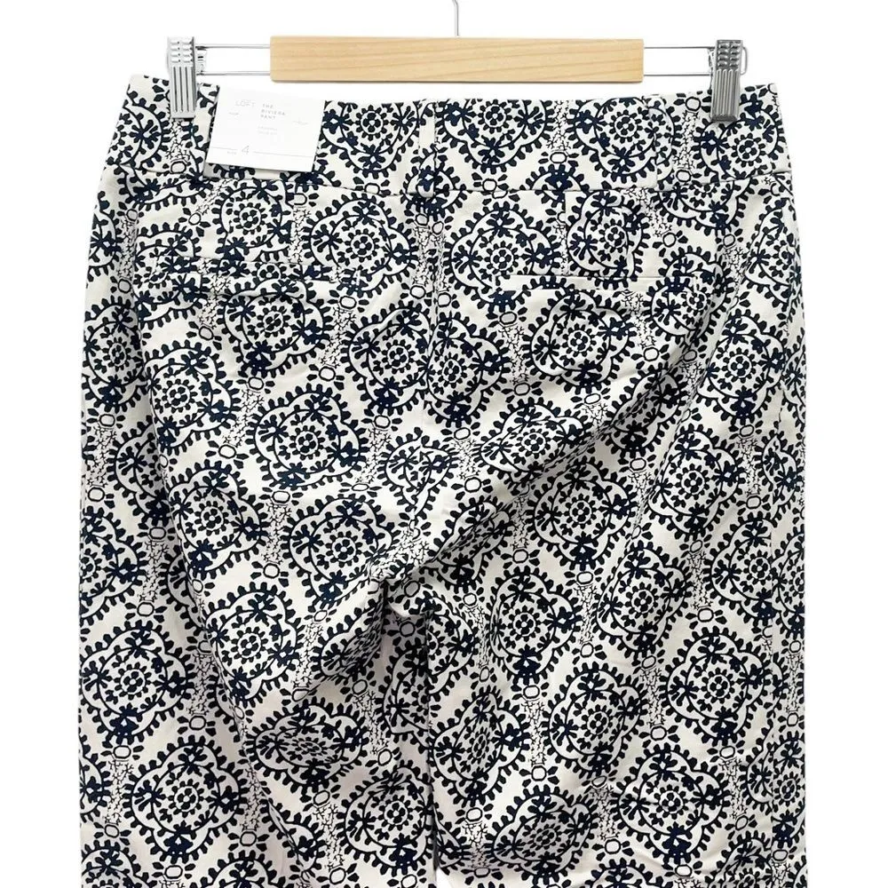 NWT LOFT The Riviera Pant Julie Fit Navy & Natural Tan Medallion Print Size 4 - Image 5