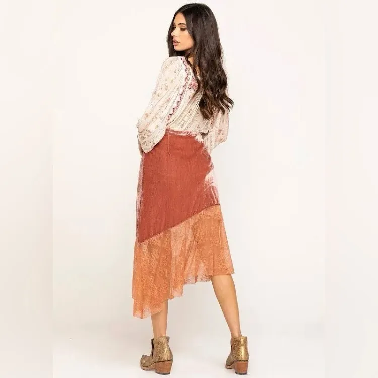 FREE PEOPLE Rose Lacey Midi Skirt Canyon Arroyo Pink Boho Lace Size 10 - Image 2