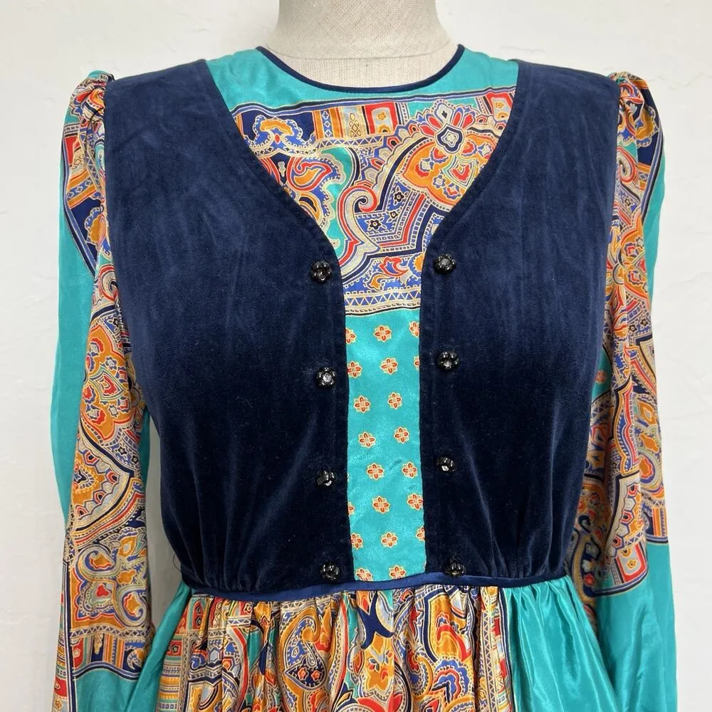 70s Young Dong S Small Maxi Dress Renaissance Boho Cottagecore Whimsy Fairycore Blue - Image 3