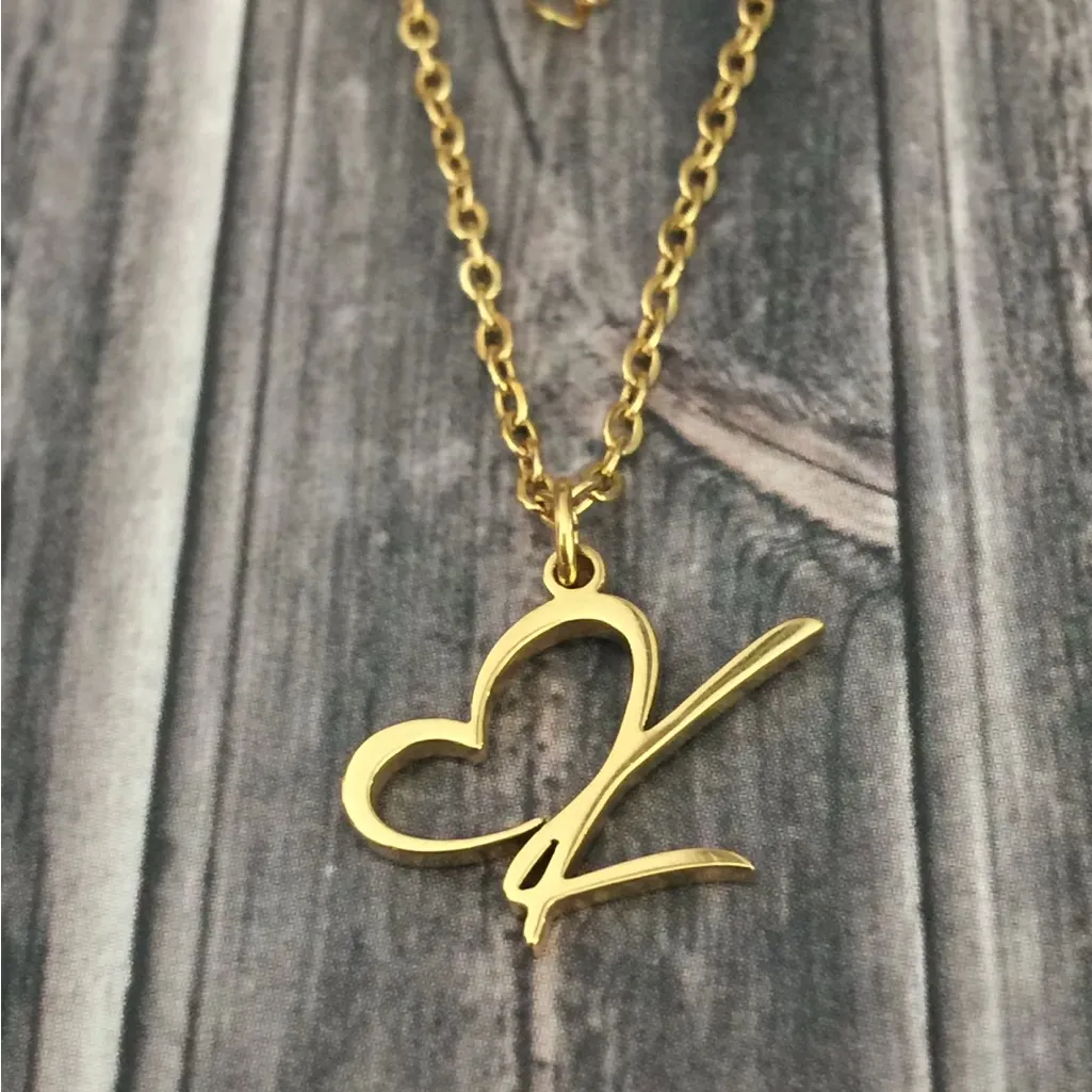 Letter K Cursive Heart Initial Necklace Gold - Image 3