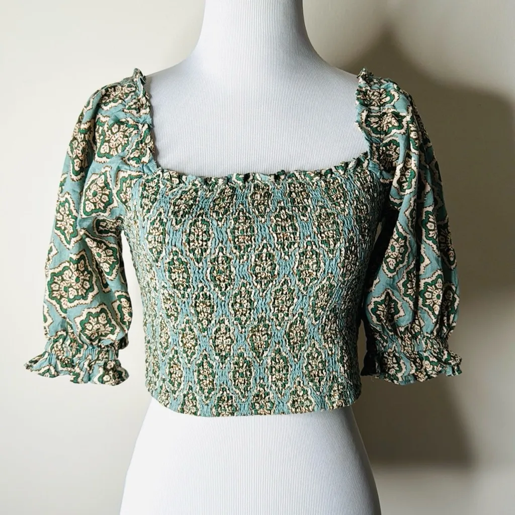 Zara Green Patterned Smocked Puff Sleeve Crop Top - Image 3