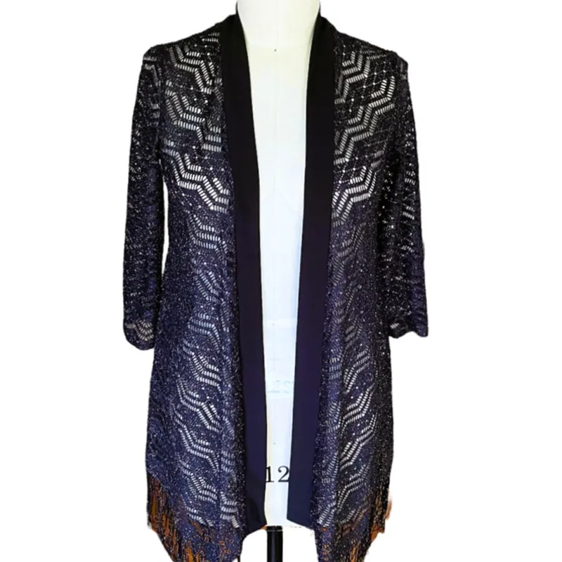 R & M RICHARDS Long Thin Black & Silver Cardigan Sweater ~ 8 - Image 2