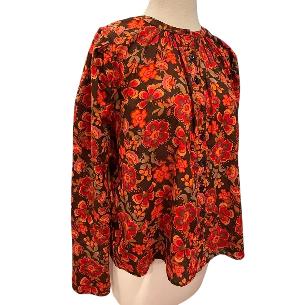 Sundry Anthropologie Floral Button Down Puff Sleeve Blouse Brown Red Size 1 (S) - Image 6