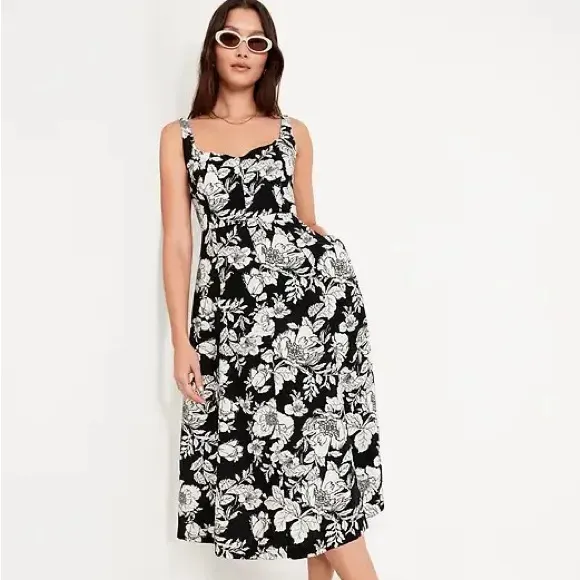 Old Navy Black Floral Linen Blend Midi Dress Size Small Fit & Flare - Image 2