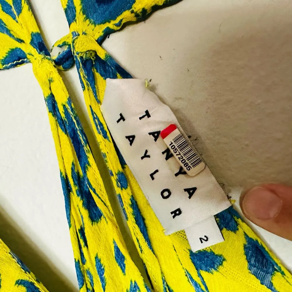 TANYA TAYLOR Yellow Blue Printed Silk Chiffon V-Neckline Maxi Dress Size 2 - Image 6