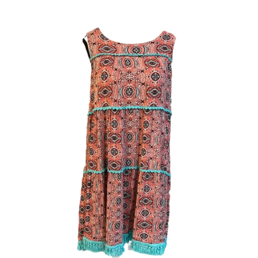 Uncle Frank coral mandala shift dress with piping and fringe, EUC size S - Image 4