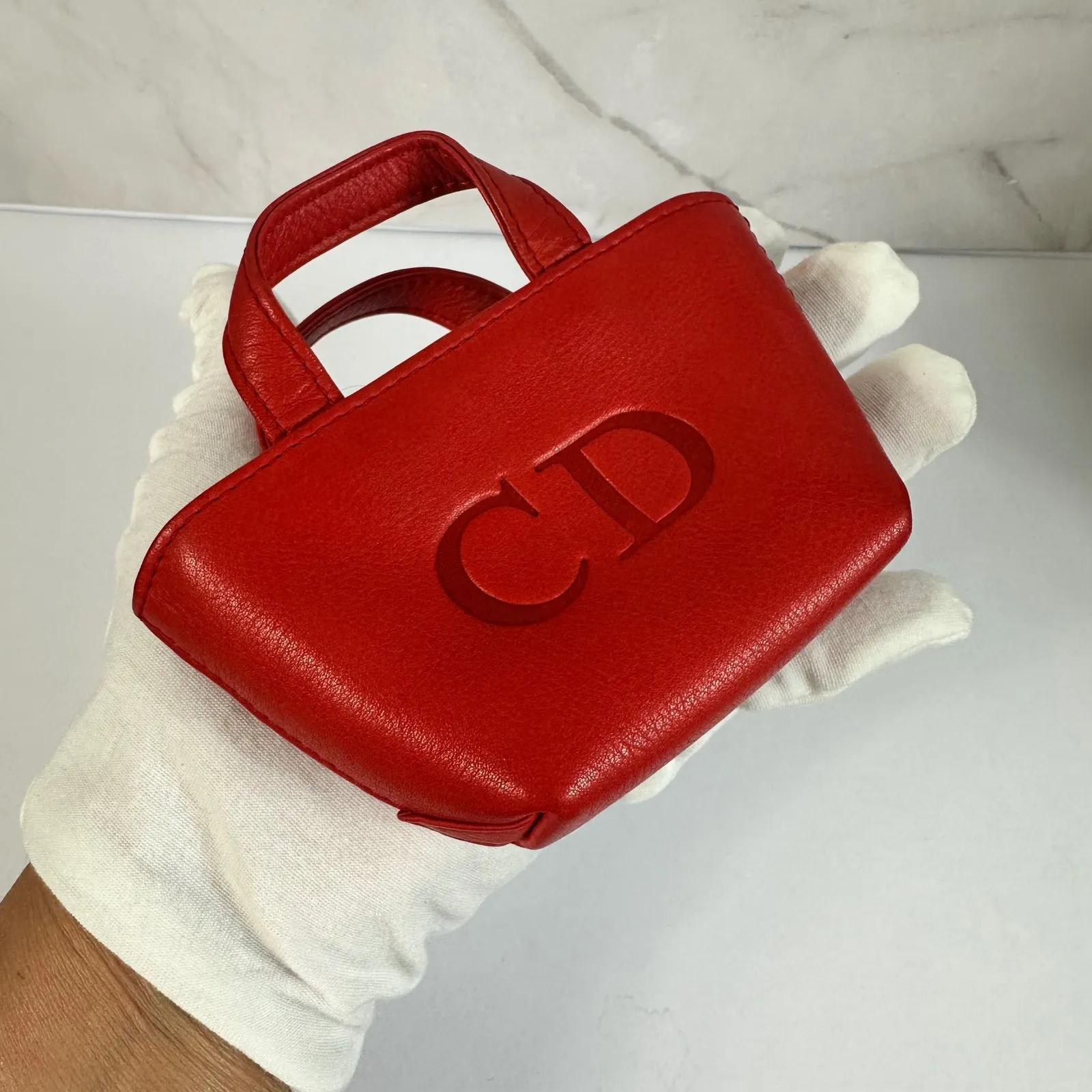 Christian Dior Red Leather Micro Tote Bag CD Logo Charm Handbag - Image 11