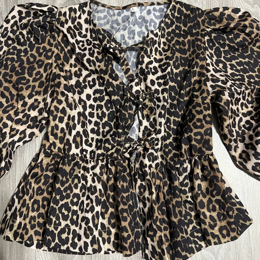 Leopard Print Peplum Blouse Size L | Puff Sleeve Tie Front Animal Print Top Brown Size L - Image 3