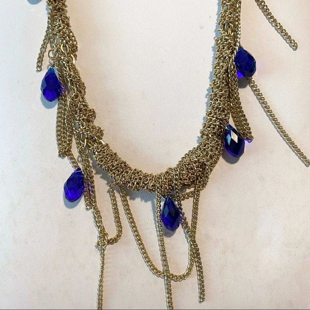 Vintage Gold Chain Wrap Blue Pendant Statement Necklace - Image 9