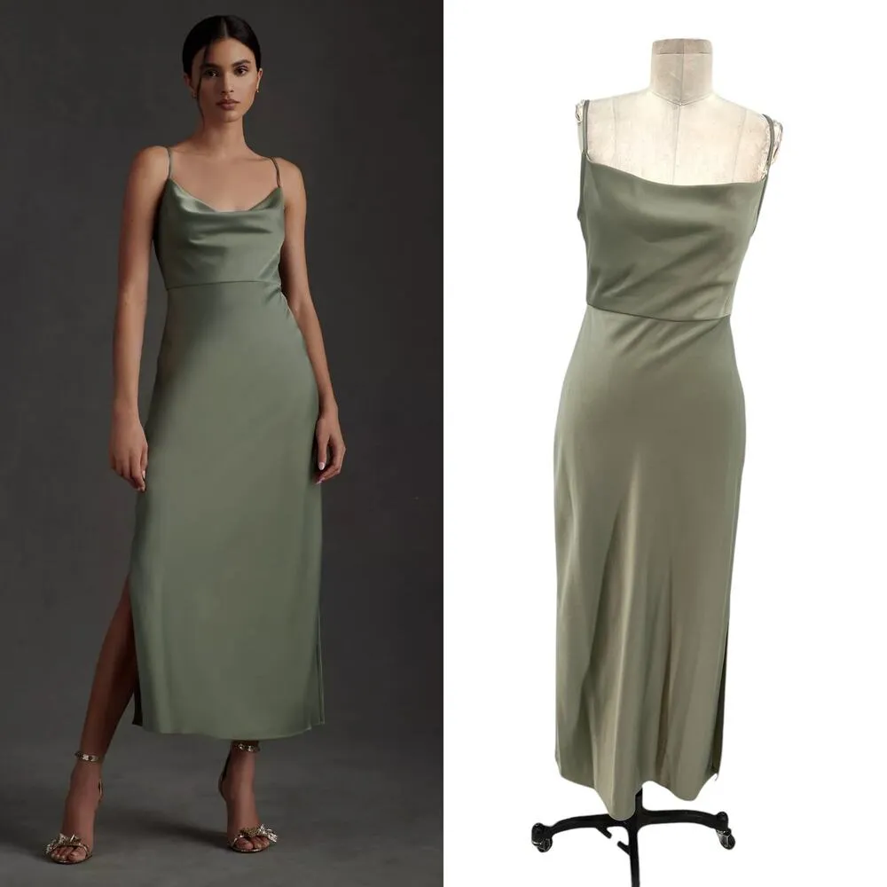 BHLDN Cali‎ Satin Cowl-Neck Midi Slip Dress Moss Green Size US 4 - Image 2