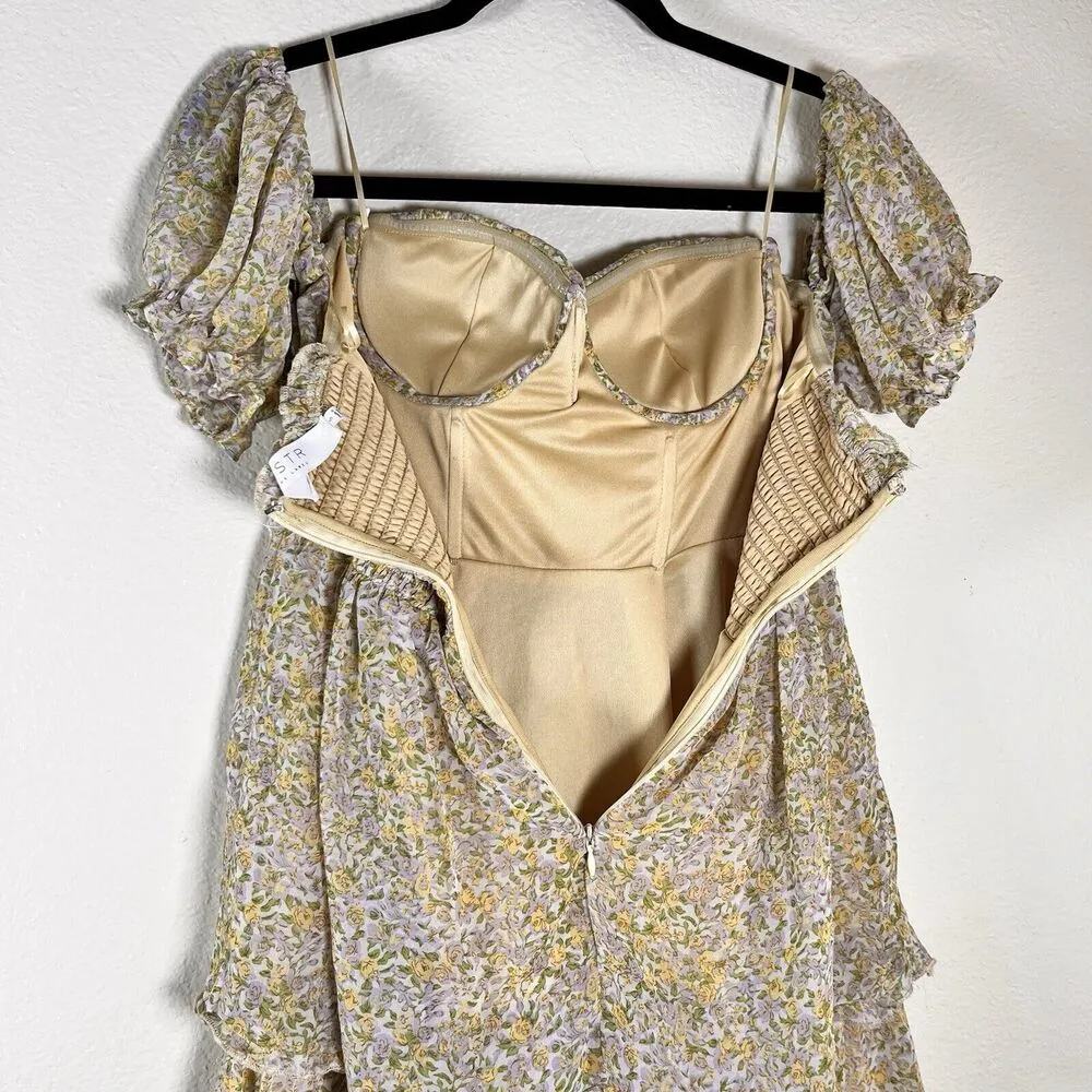 ASTR The Label Dress Womans Small Off Shoulder Two Tier Yellow Floral Multi Mini - Image 15