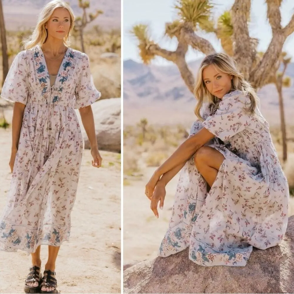 Free People Lysette Maxi Dress in Bluebell Bohemian Gypsy Indian Cotton XS - Image 4