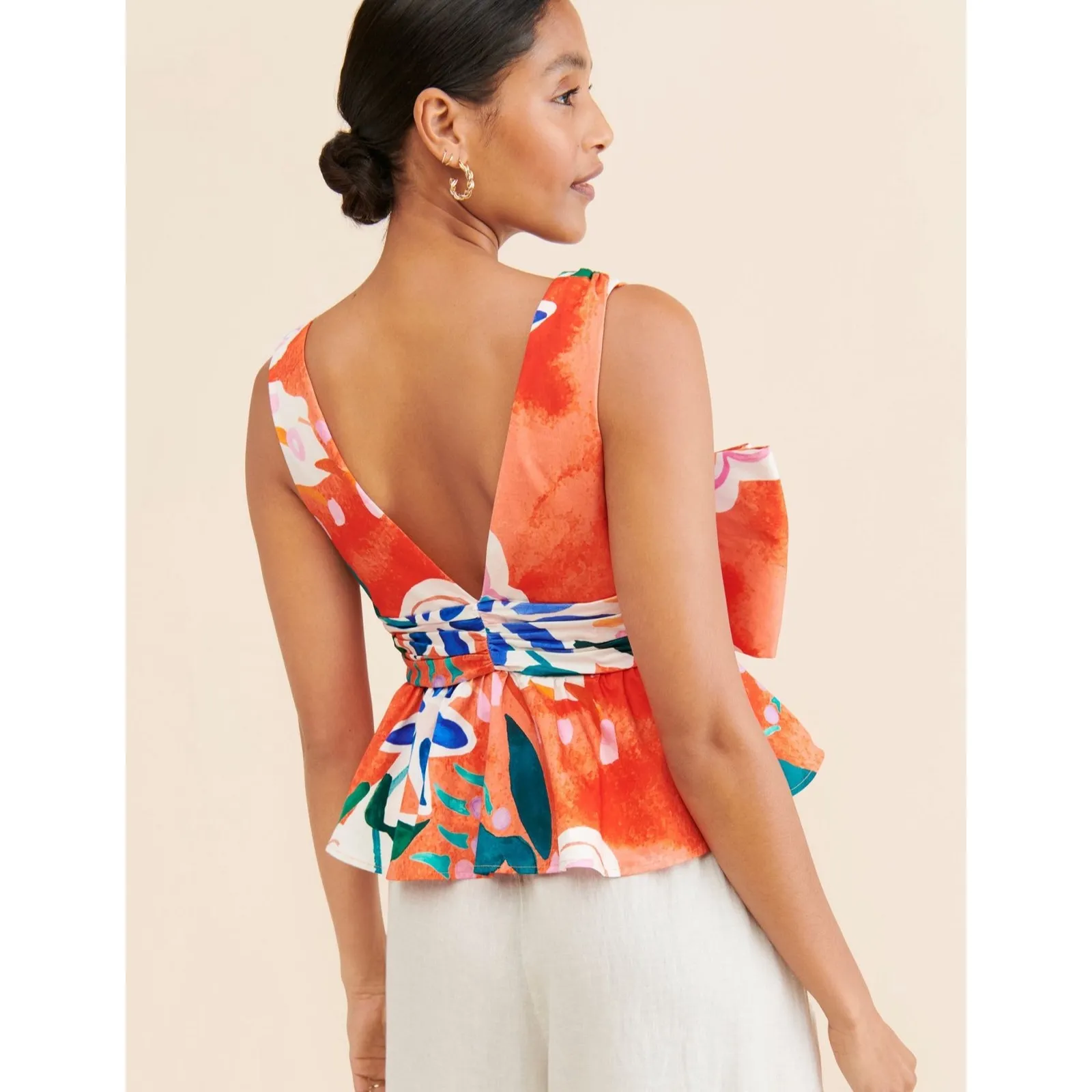 Hutch Floral Print Bow Tie Sleeveless Top V Neck Peplum‎ Multicolor Size M - Image 2