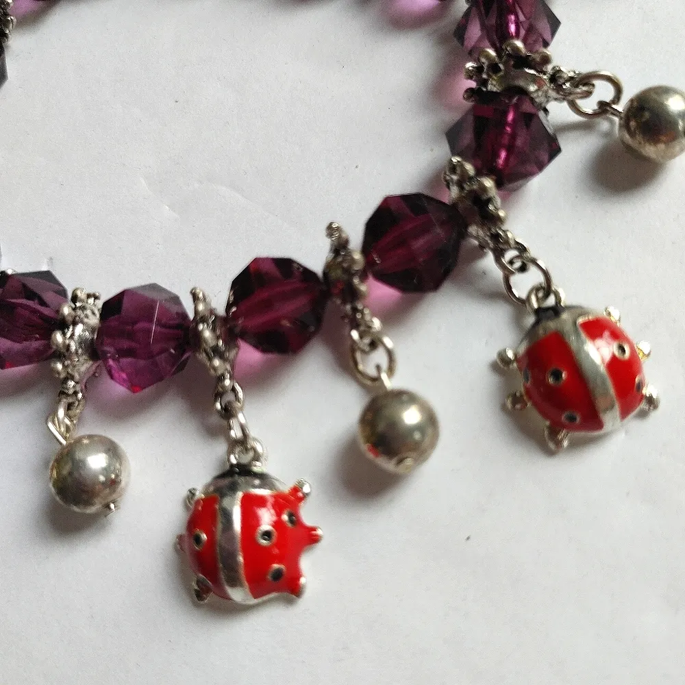 Purple Crystal Red Ladybug Stretch Bracelet - Image 2