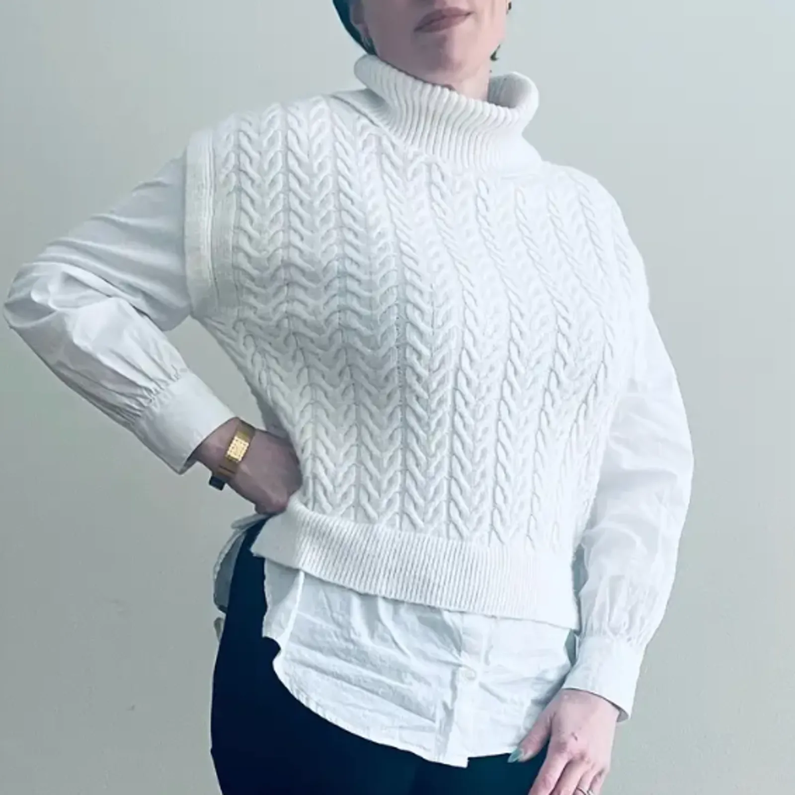 525 America White Turtleneck Cable Vest Tunic Sweater SMALL Shirt Designer $139 - Image 8