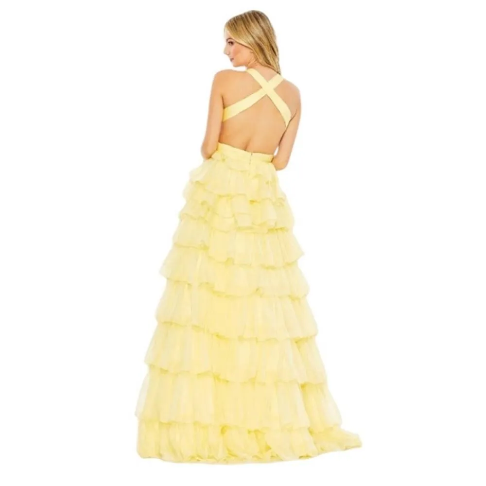 Mac Duggal NWT Size 12 Style 67988 Lemon Yellow Chiffon Layered Cut Out Ballgown - Image 4