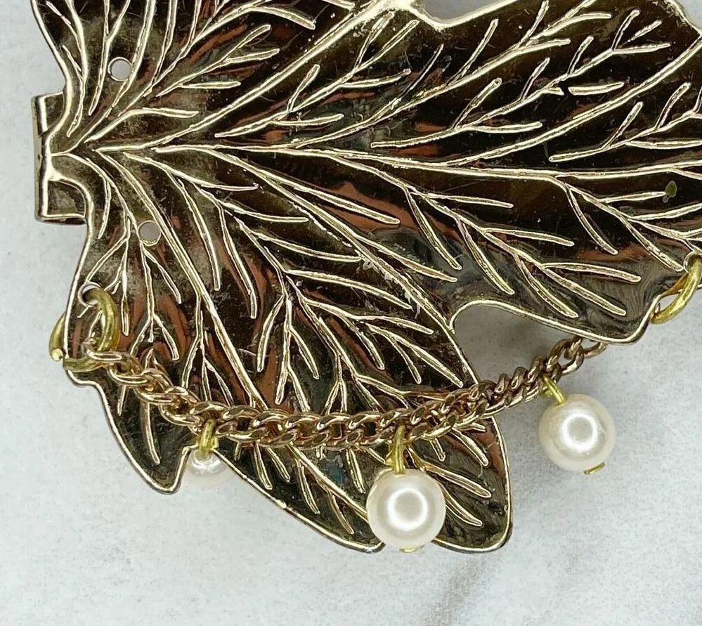 Vintage Gold Tone Faux Pearl Beaded Leaf Belt Buckle Piece - Image 7