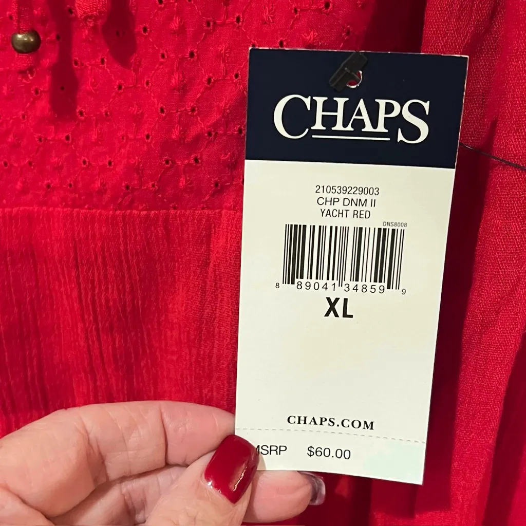 Chaps by Ralph Lauren Eyelet Tassle Tie Puff-Sleeve Peasant Top in‎ Yacht Red XL - Image 14