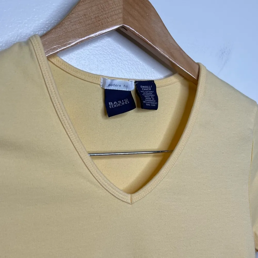 Vintage 90’s Basic Editions Cotton Stretch T Shirt Size Small Modern Fit Yellow - Image 3