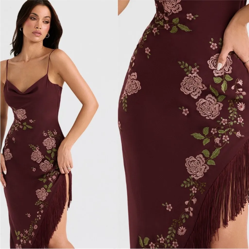 HOUSE OF‎ CB 'Eloisa' Wine Embroidered Midi Dress NWOT size S - Image 10