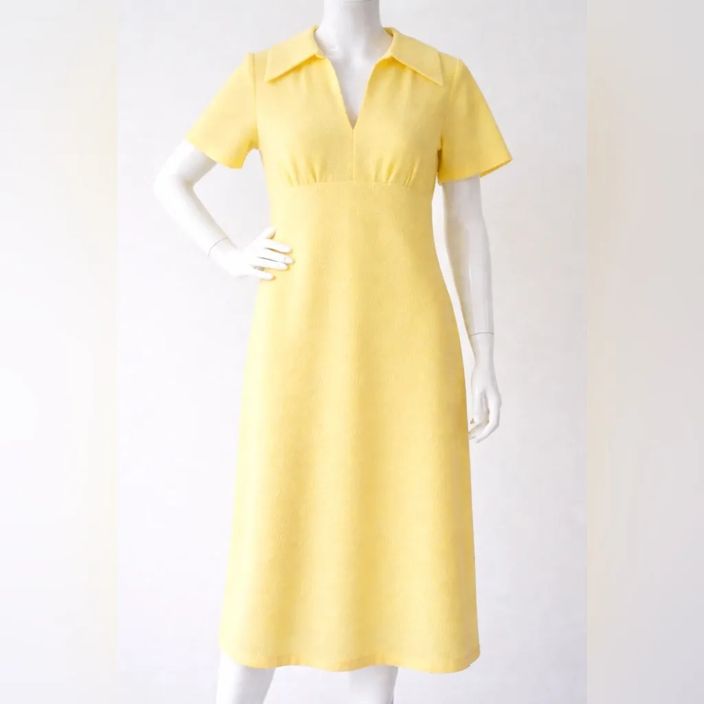 VINTAGE 60s Yellow Jacquard Empire Waist Mod Dress Large - Image 2