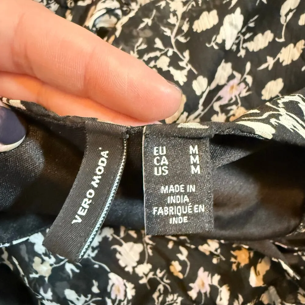 Vera Moda Womens Medium Black Tan Floral Mock Neck Keyhole Tie Midi Dress Spring - Image 10