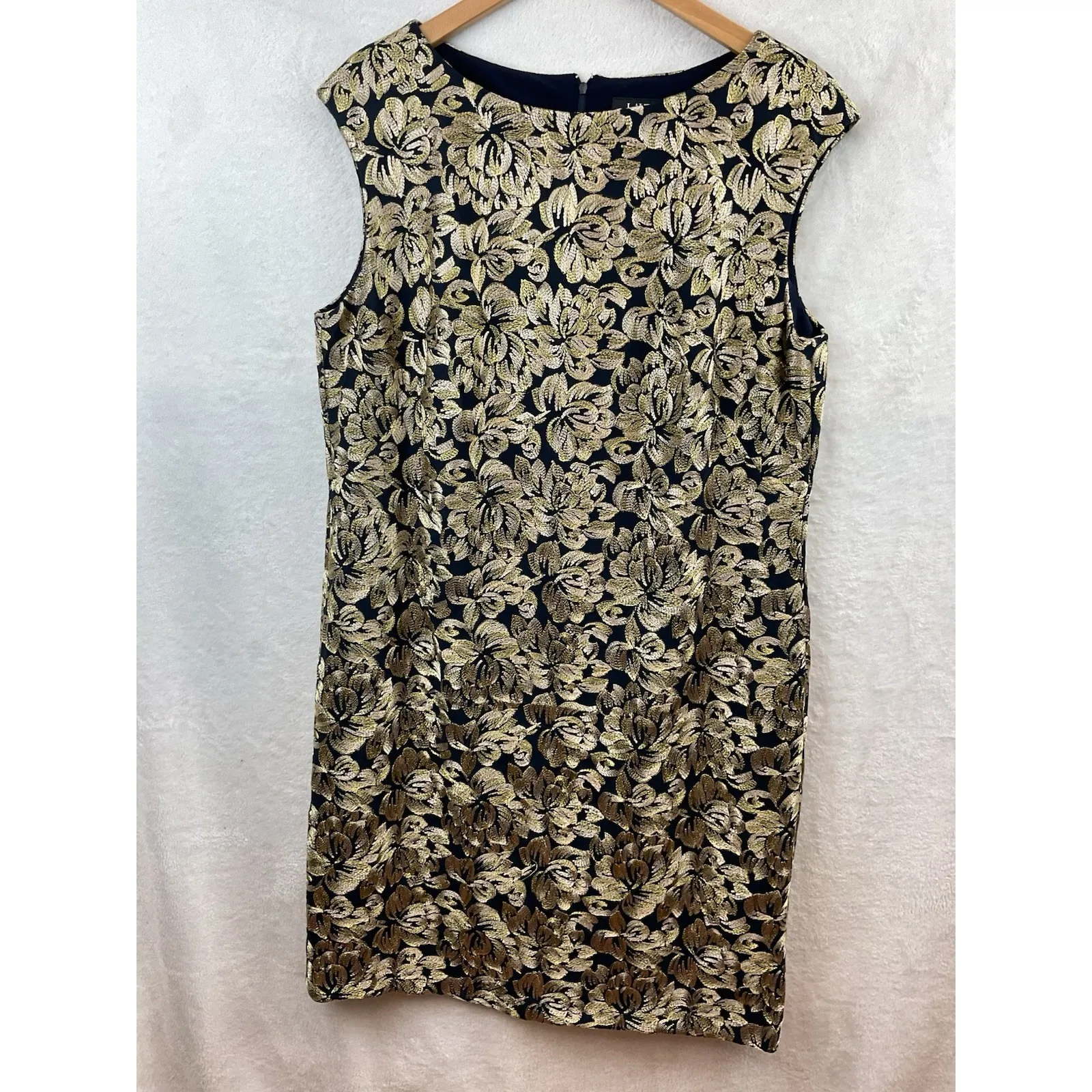 Lauren Ralph Lauren Women's Navy Gold Floral Embroidered Cap Sleeve Dress  14 - Image 6