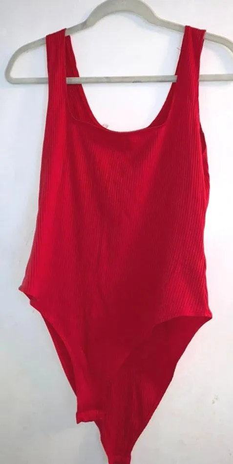 Divided Ribbed Square Neck Red Bodysuit - Image 3