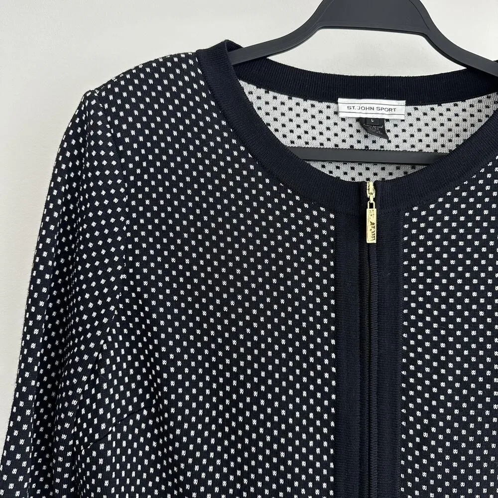 St John Sport Sweater Jacket Large Black White Zip Up Wool Blend Knit Career - Image 2