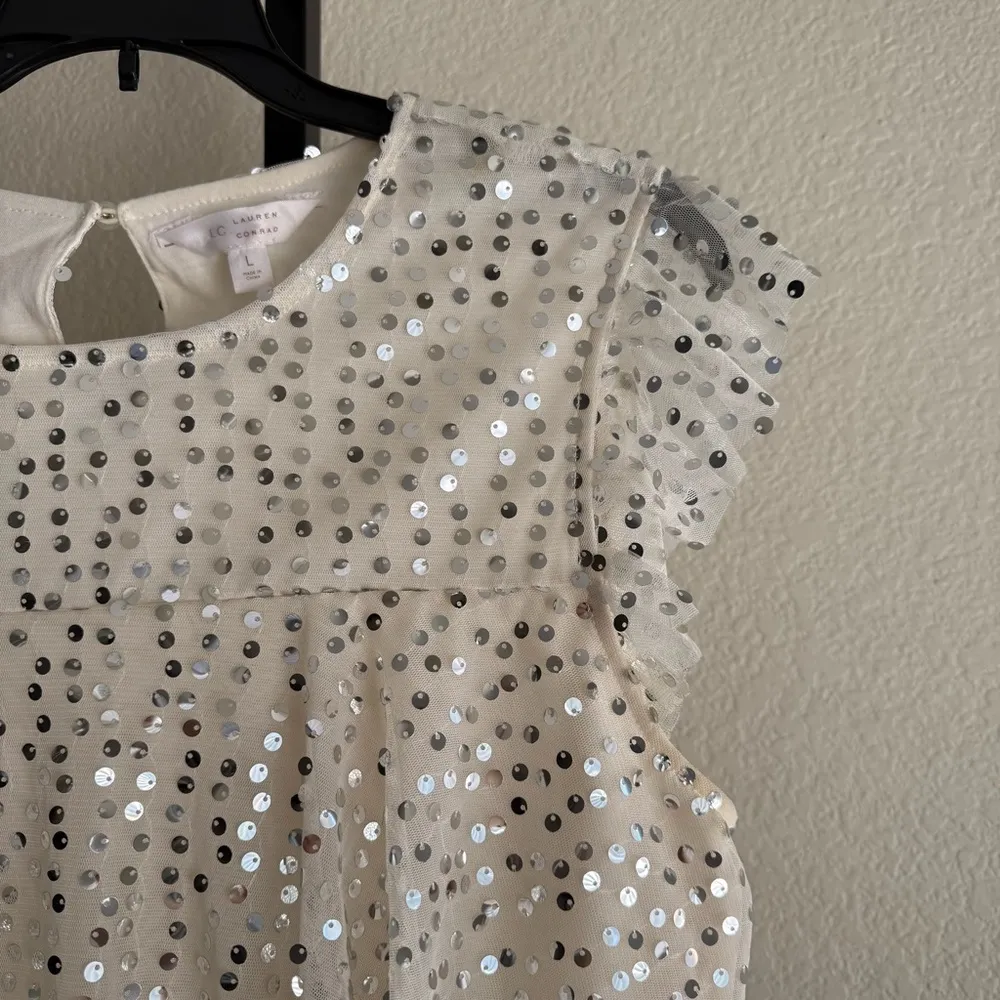 Sequin Ruffle Sleeve Blouse LC Lauren Conrad Large White Sparkle Top Cottagecore - Image 7