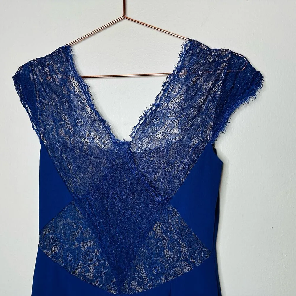 BCBG Maxazria Blue Depth Evan’s Lace Sleeveless Shoulder Slit Gown Dress Size 8 - Image 9