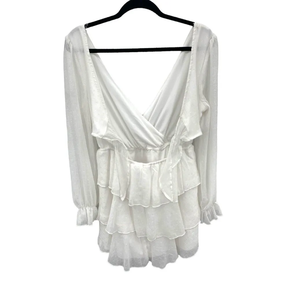 Tiered Ruffle White Mini Dress Womens Large V Neck Romantic Feminine Tie‎ Back - Image 7