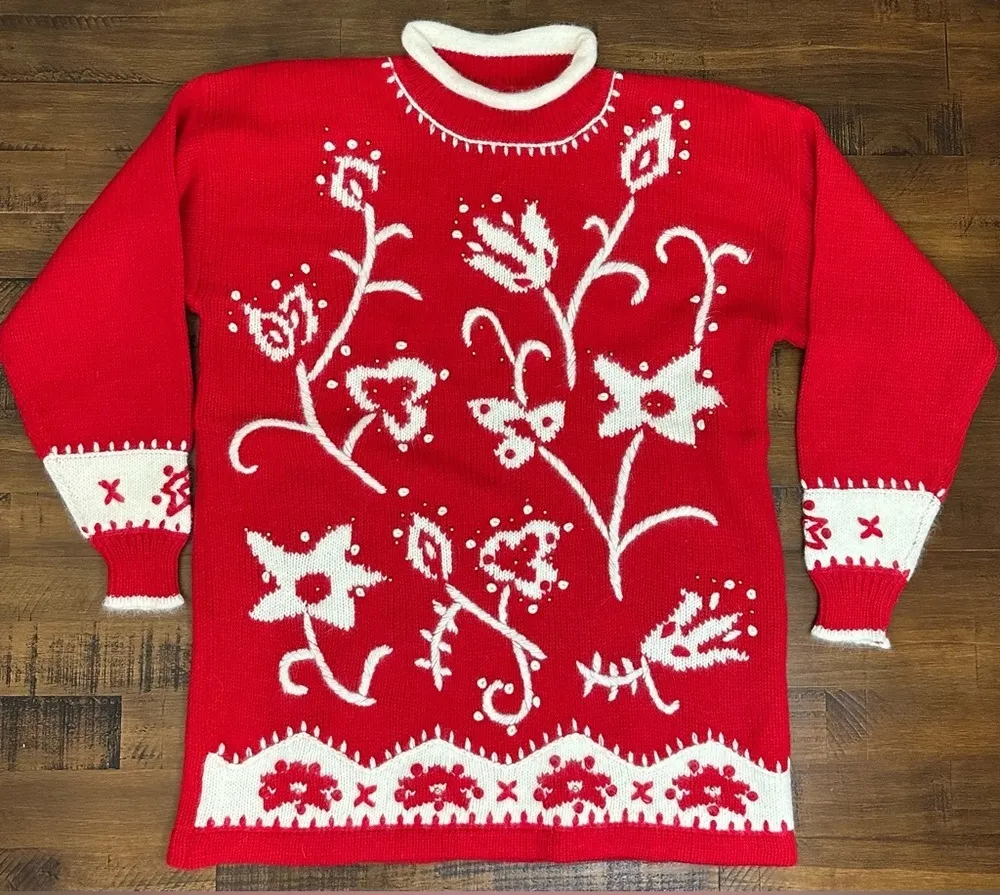 Vintage Dana Scott Mock Neck Sweater Red embroidered Wool, Angora Size Medium - Image 1