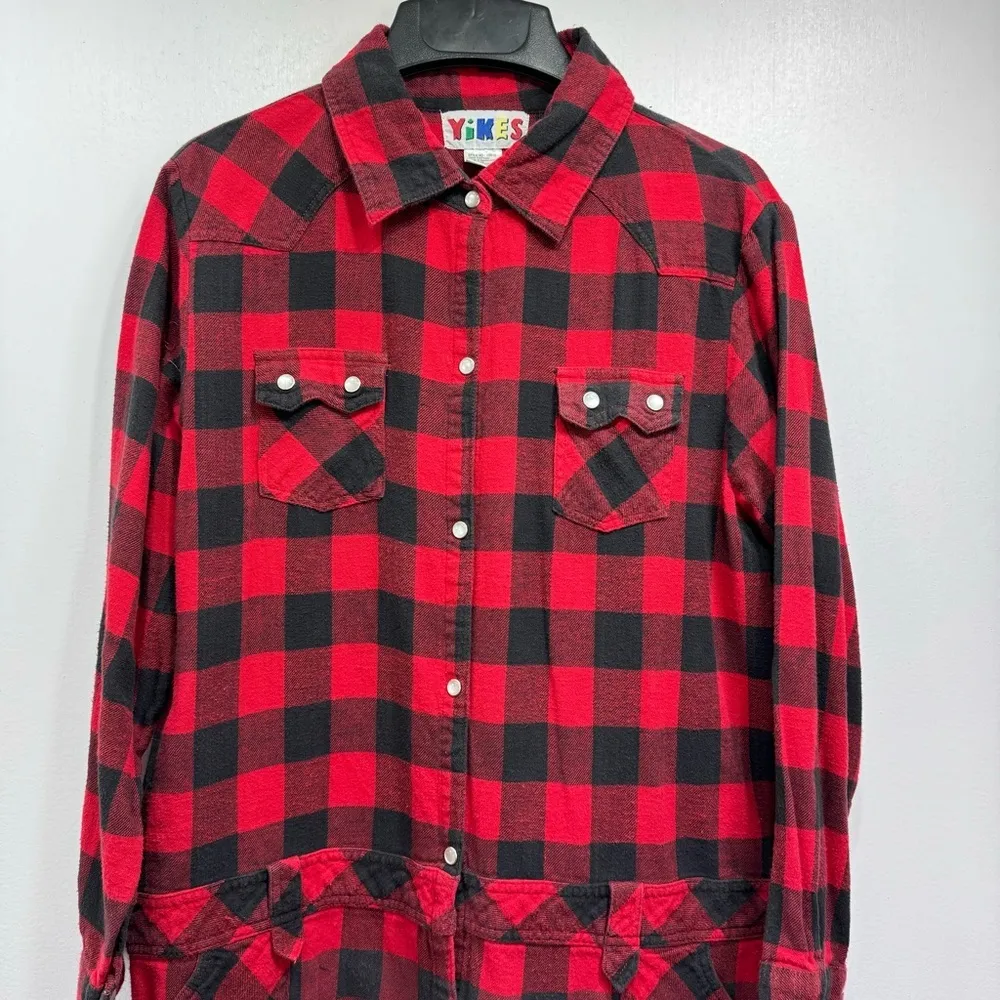 Vintage Yikes Black & Red Buffalo Plaid Flannel Shirt Dress Women’s Size Medium - Image 4