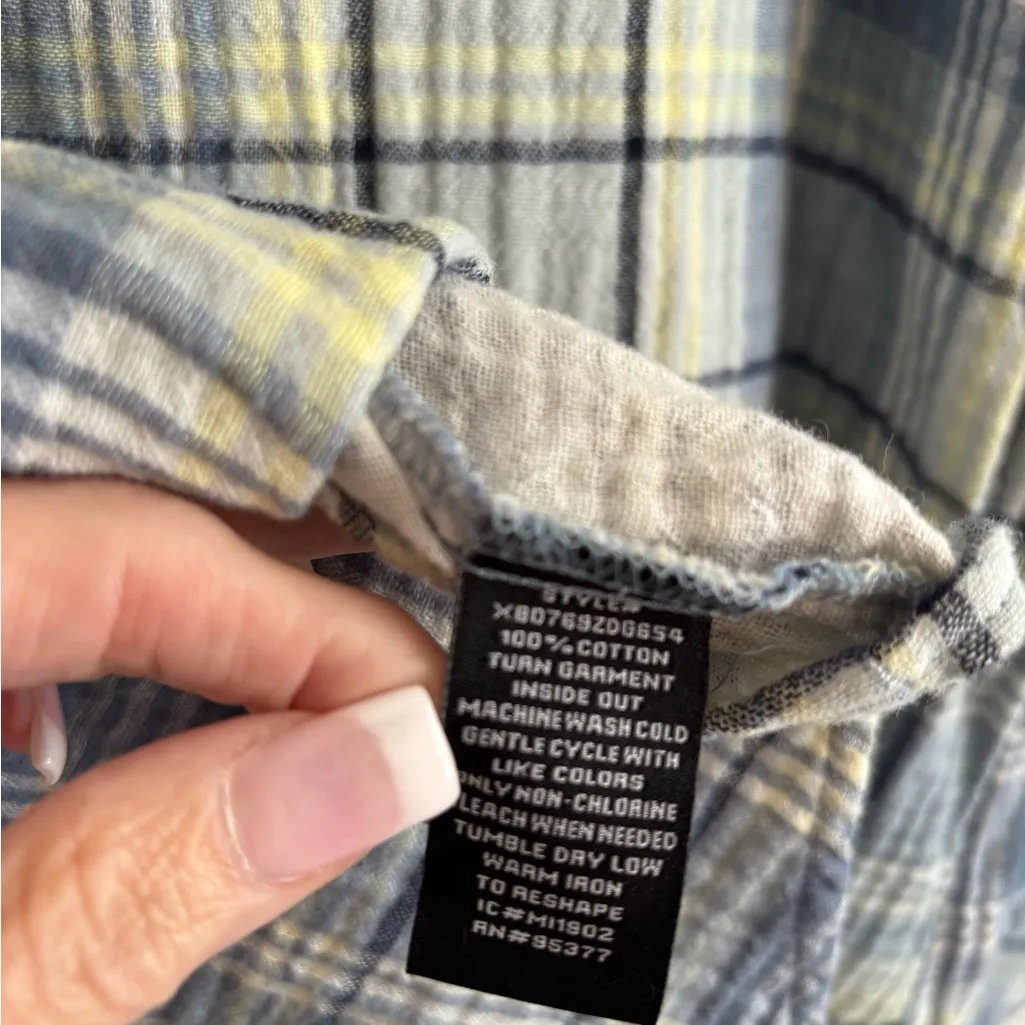 Sanctuary Blue and Cream Plaid Casual Shirt Crinkle Cotton Size XL - Image 5