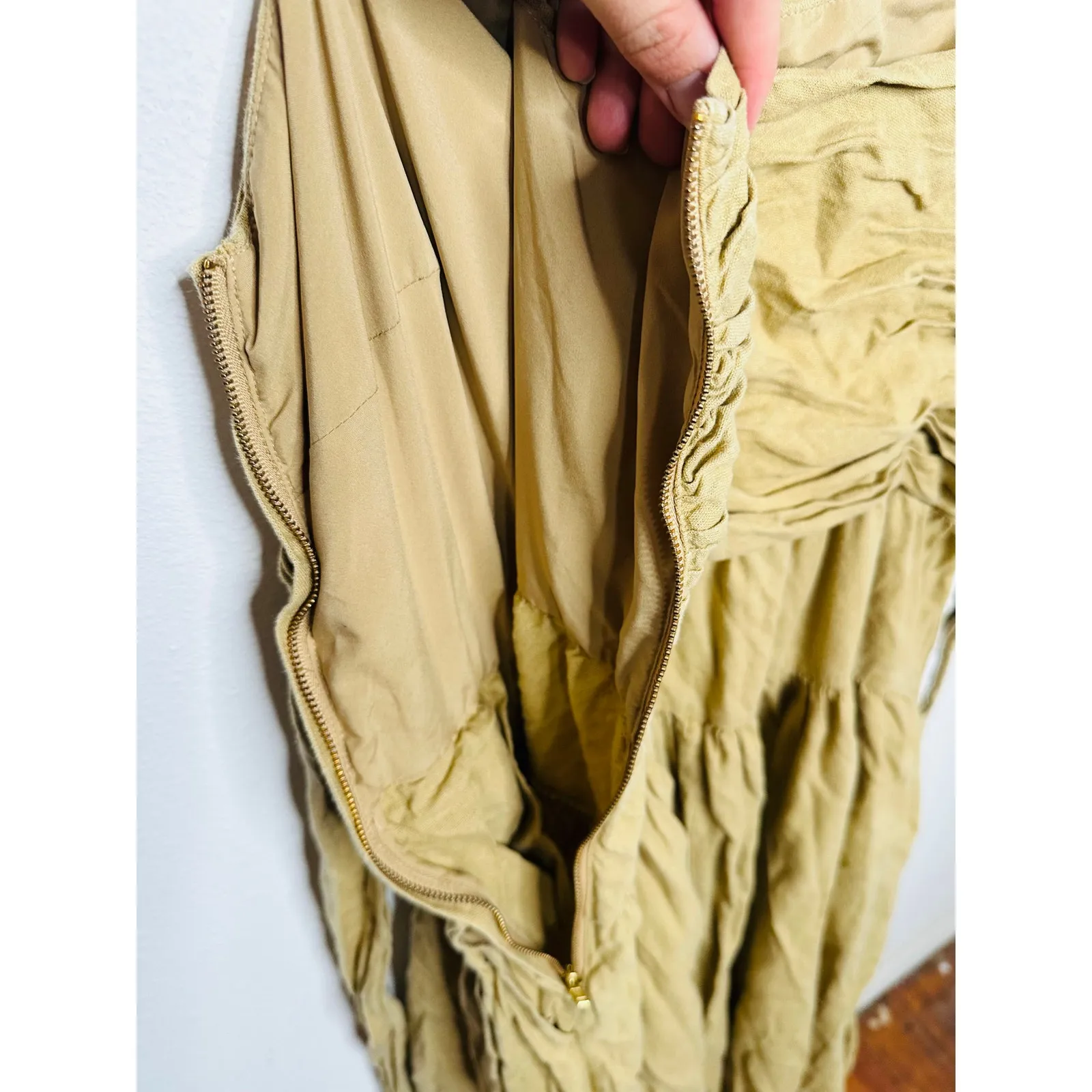 TOCCIN Women's Brown Khaki Square Neck Ruched Bodice Tie Waist Midi Dress Size 8 - Image 14